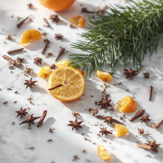 Orange slices, cloves, and a sprig of sage on a marble surface