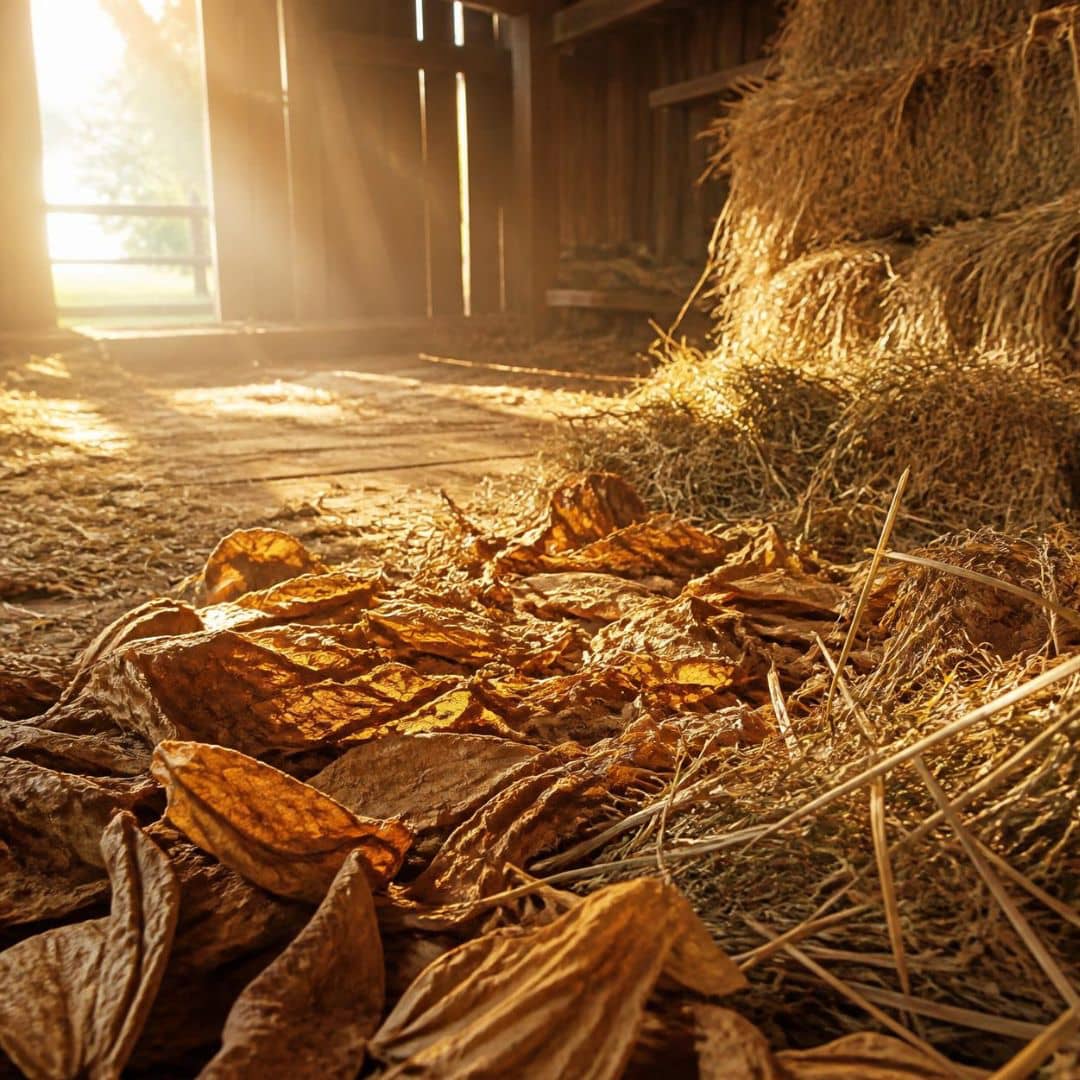 Sunlight filtering through a barn door onto hay and tobacco leaves.