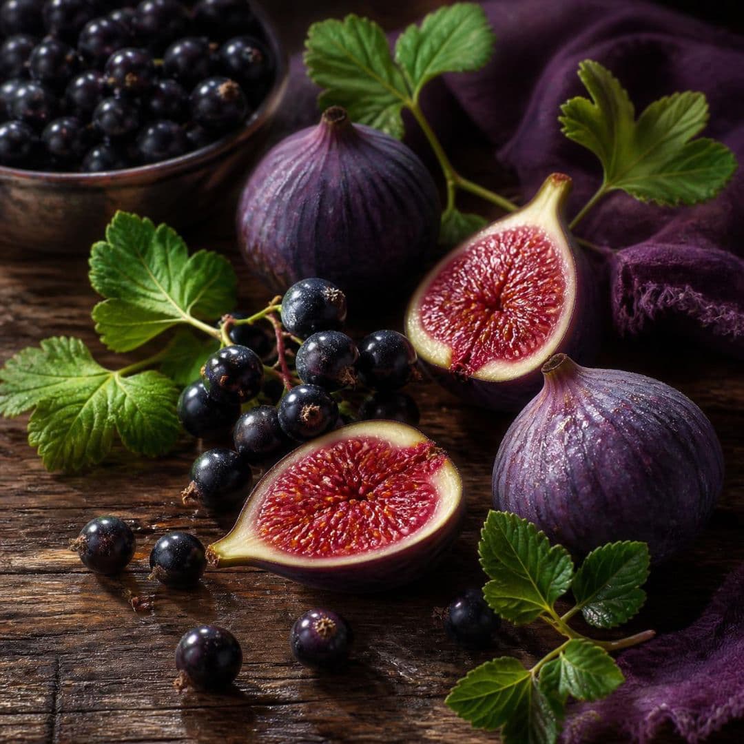 Figs and black cassis berries on a wooden surface with a purple cloth