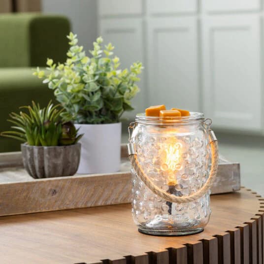 Hobnail & Rope Illumination Wax Melt Warmer sitting on a coffee table with tray and plants