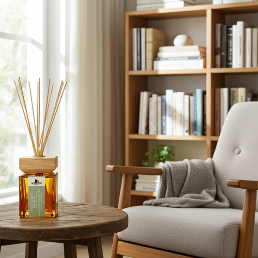 A reed diffuser with a glass bottle and wooden reeds sits on a round wooden table in a bright, modern living room next to a light gray armchair with a gray throw blanket and a wooden bookshelf in the background.