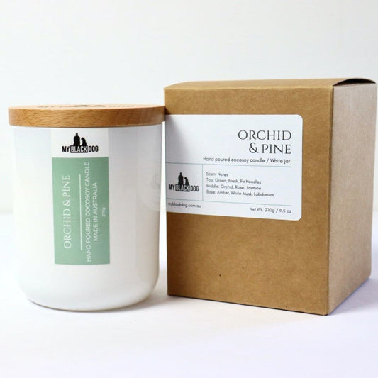 My Black Dog Orchid & Pine CocoSoy Candle in a white jar with a box