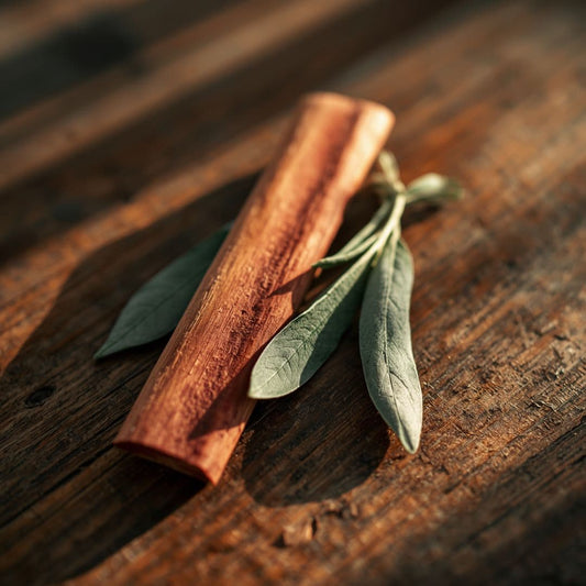 Red Cedar wood chip and sage leaves on a wooden table