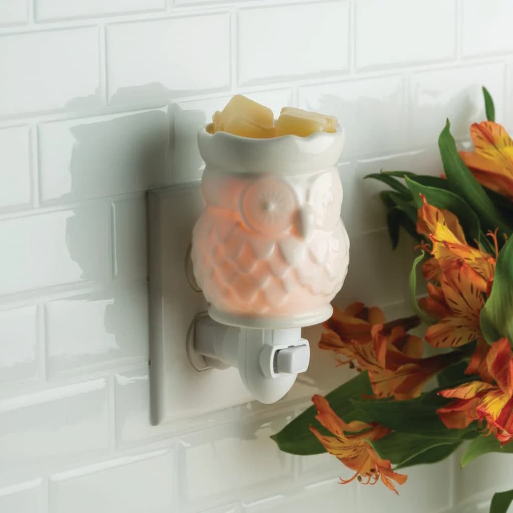 Owl shape wall plug-in melt warmer with flowers in the background.