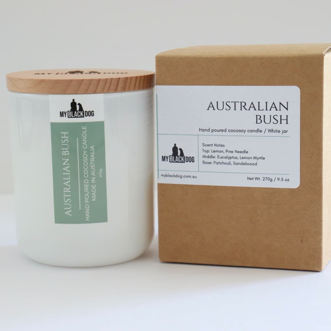 My Black Dog Australian Bush CocoSoy Candle in a white jar with timber lid and box