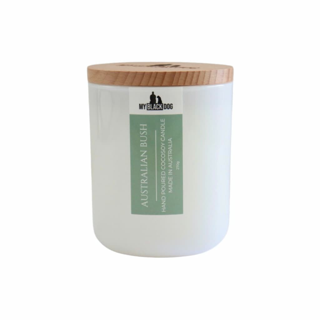 My Black Dog Australian Bush CocoSoy Candle in a white jar with timber lid