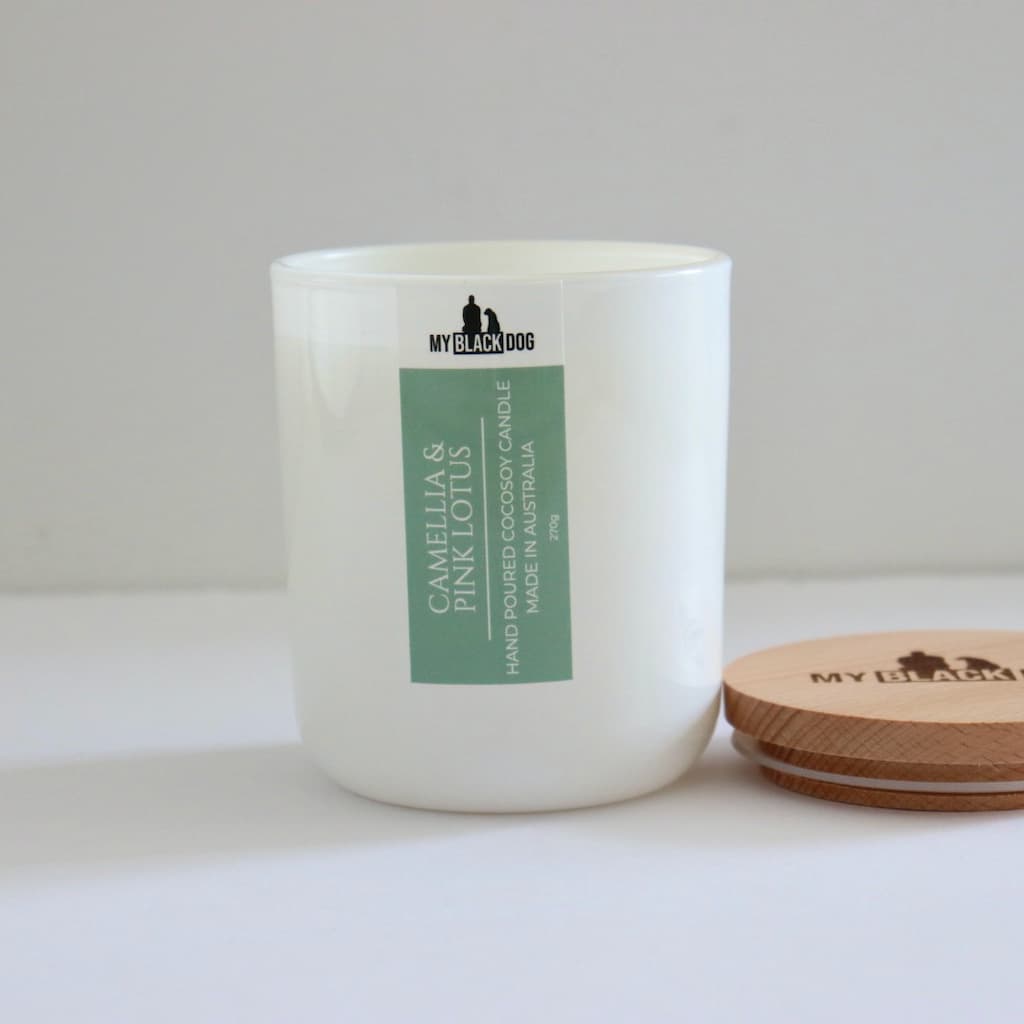My Black Dog Camellia & Pink Lotus CocoSoy Candle with timber lid