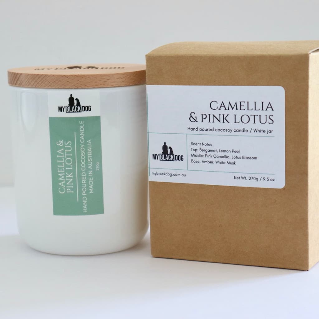 My Black Dog Camellia & Pink Lotus CocoSoy Candle in white jar with timber lid and box