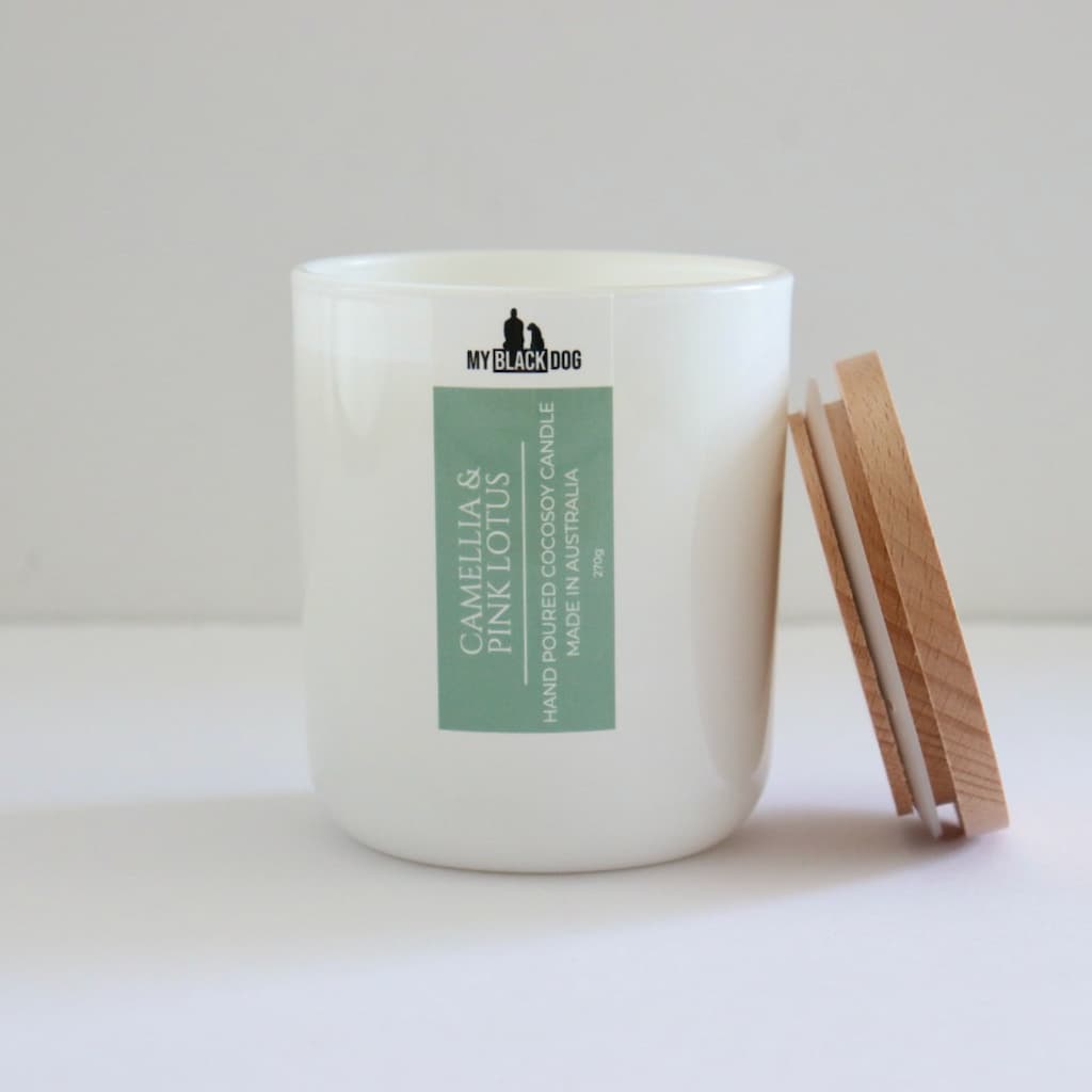 My Black Dog Camellia & Pink Lotus CocoSoy Candle in white jar with timber lid