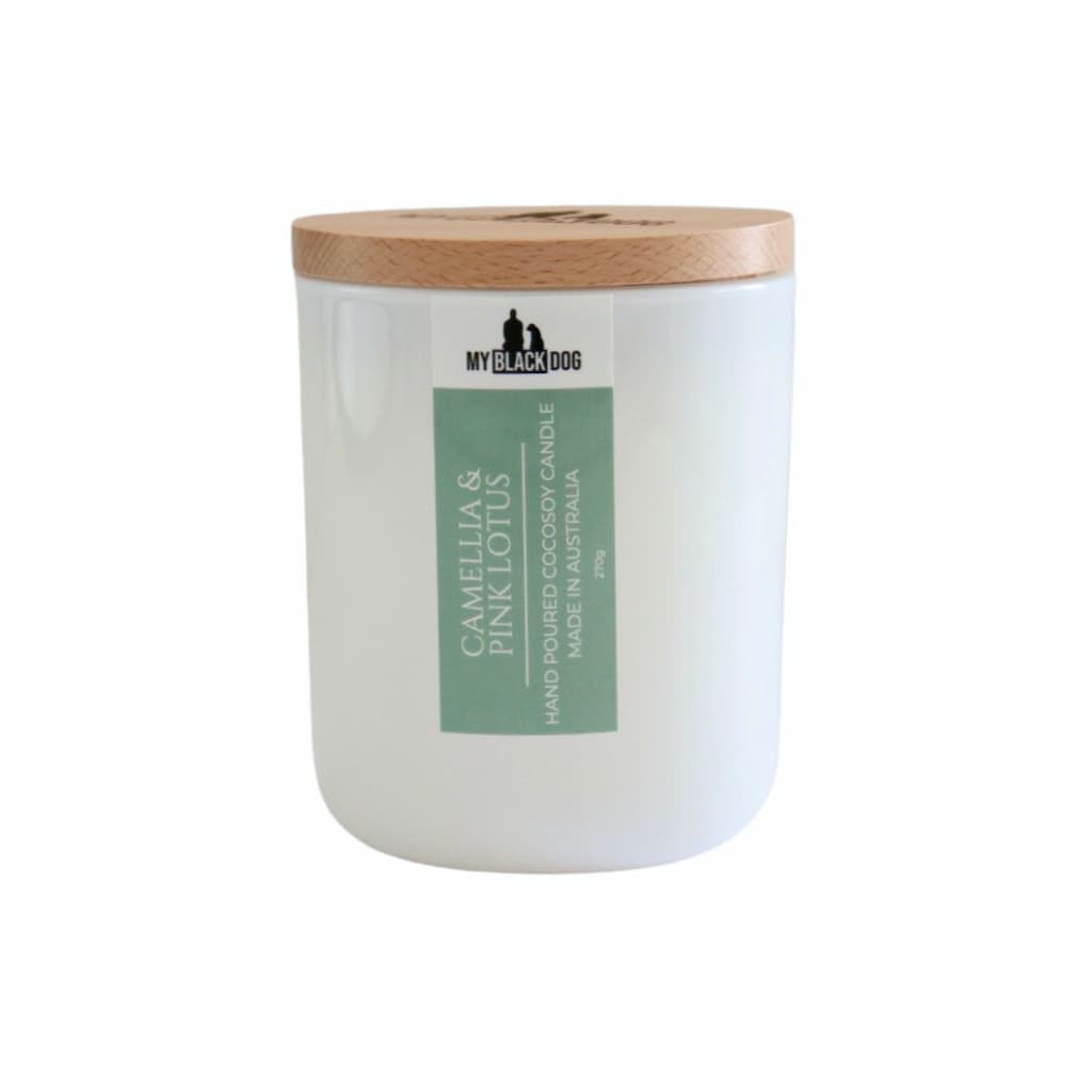 My Black Dog Camellia & Pink Lotus CocoSoy Candle in a white jar with timber lid