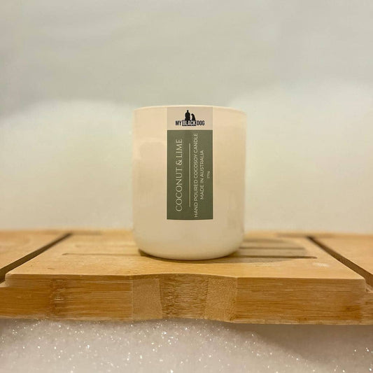 My Black Dog Coconut & Lime CocoSoy Candle in bathroom