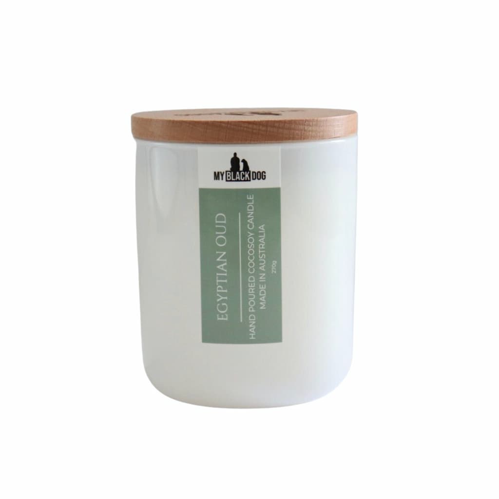 My Black Dog Egyptian Oud CocoSoy Candle in a white jar with timber lid