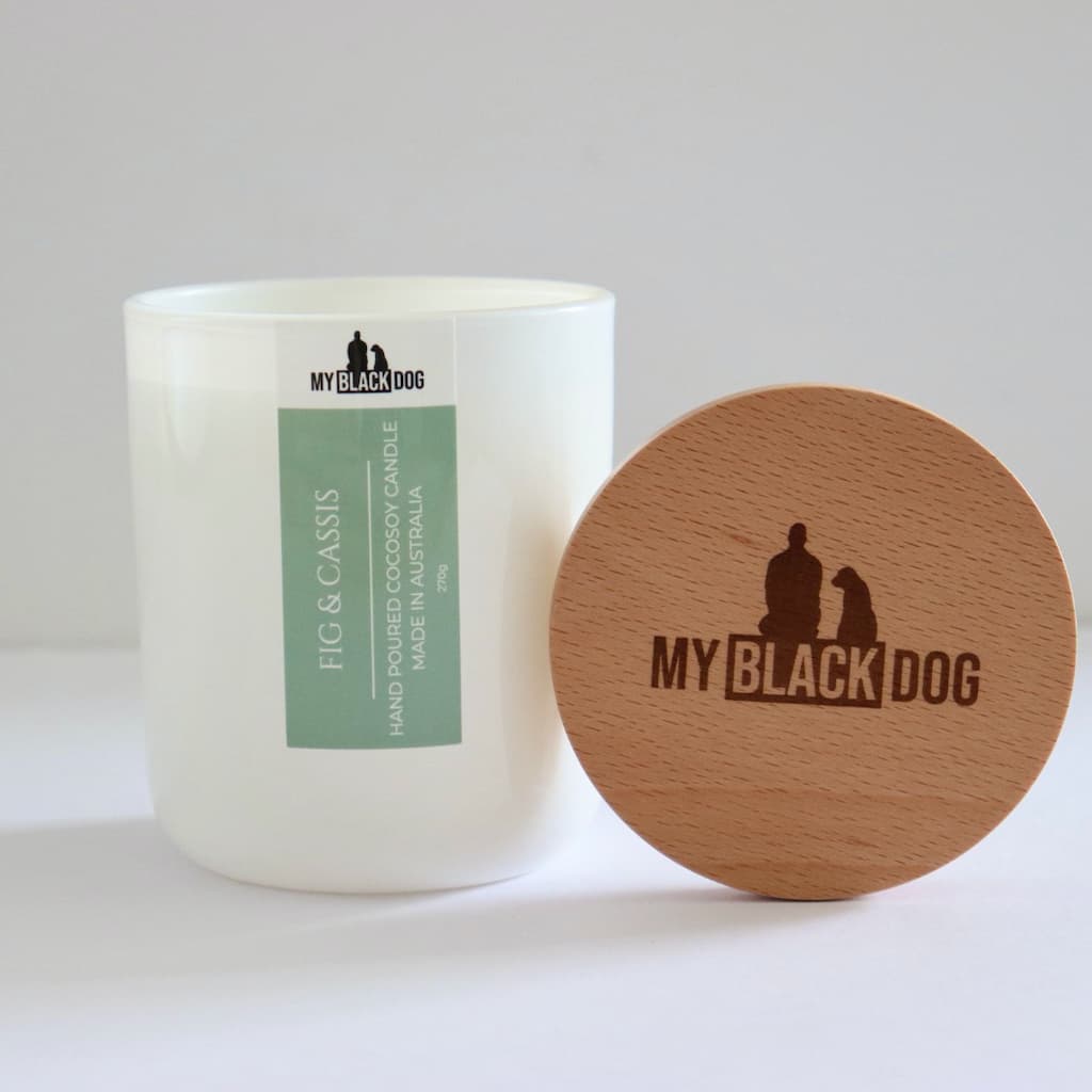 My Black Dog Fig & Cassis CocoSoy Candle in a white jar with timber lid