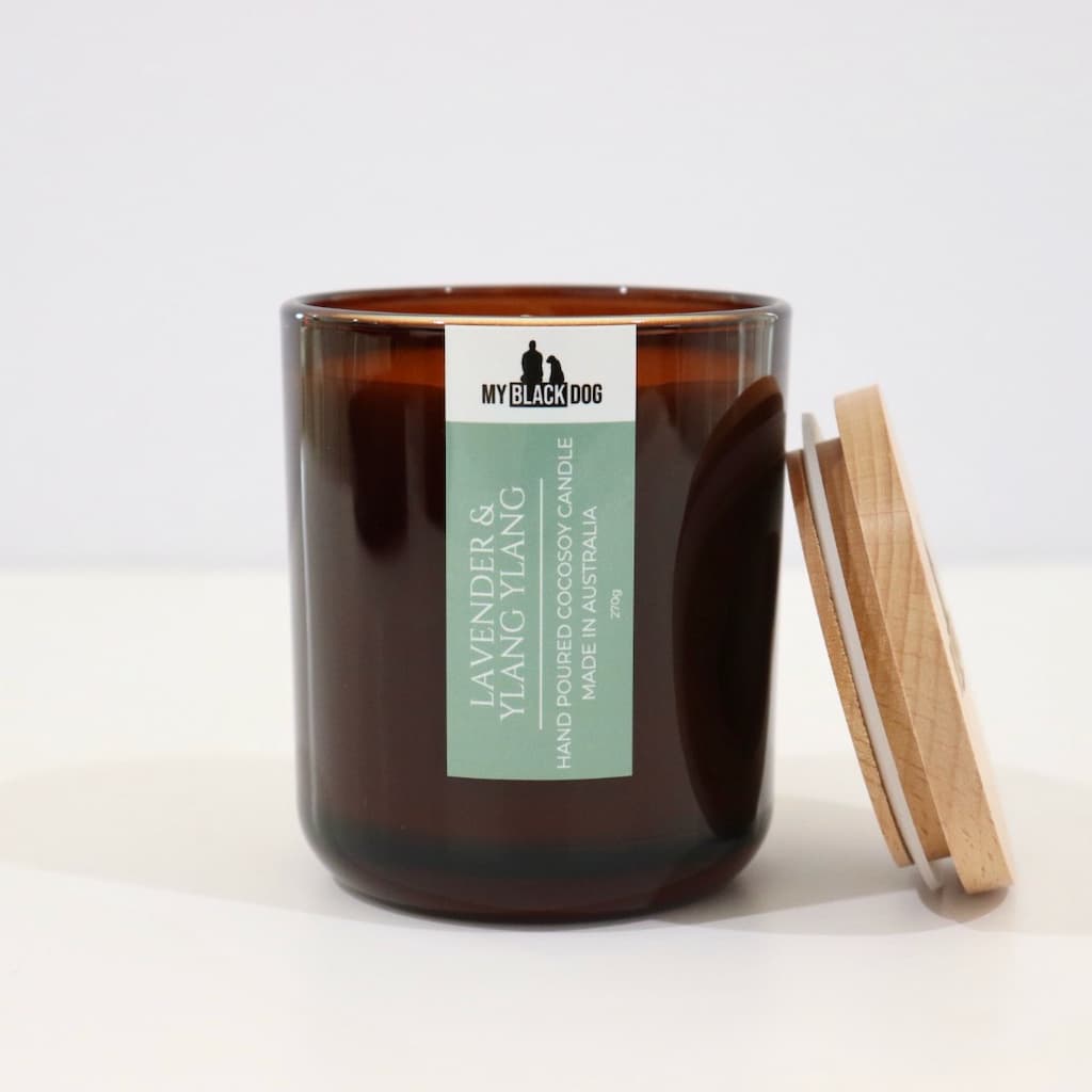 My Black Dog Lavender & Ylang Ylang CocoSoy Candle in an amber jar with a natural timber lid