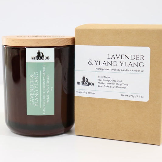My Black Dog Lavender & Ylang Ylang CocoSoy Candle in an amber jar with a natural timber lid