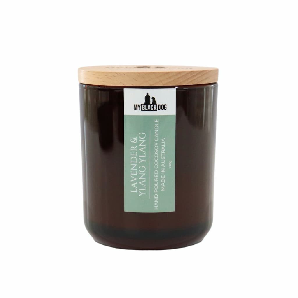 My Black Dog Lavender & Ylang Ylang CocoSoy Candle in an amber jar with a natural timber lid