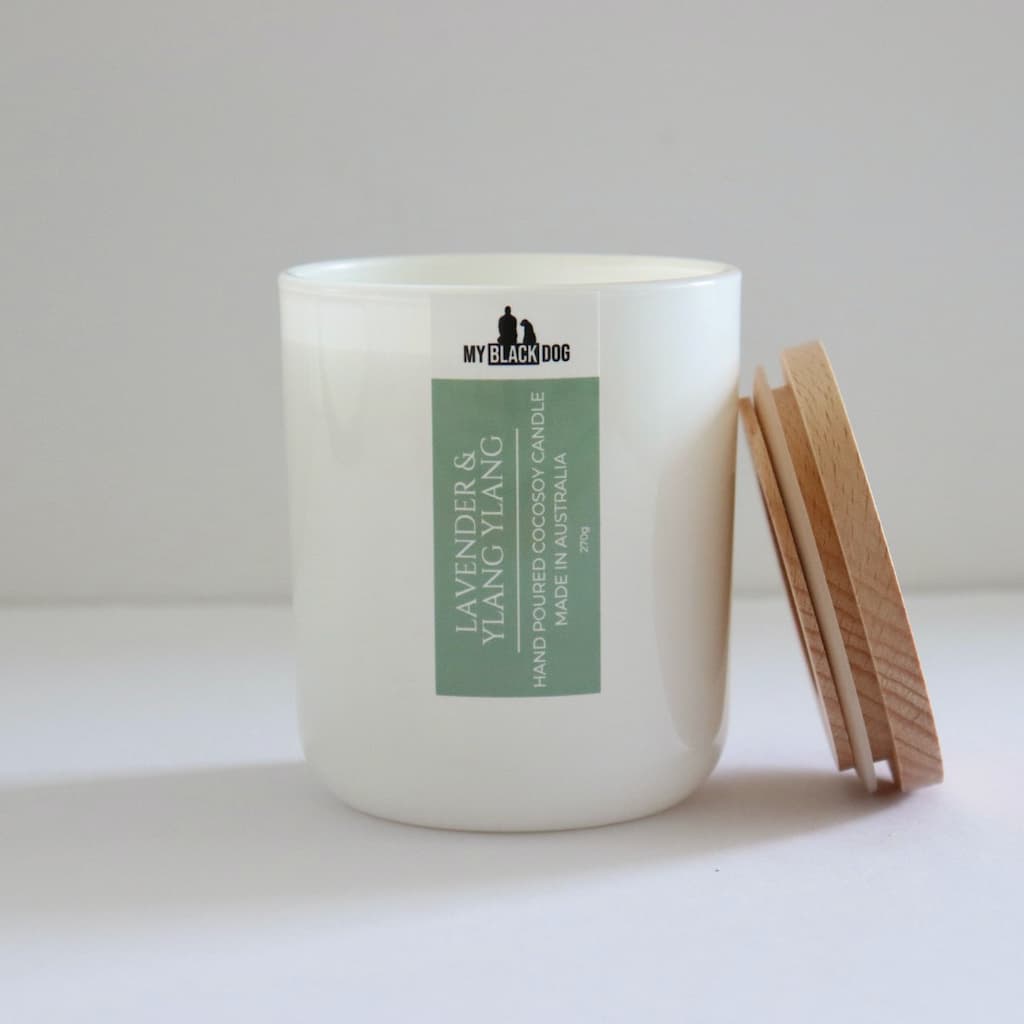 My Black Dog Lavender & Ylang Ylang CocoSoy Candle in a white jar with timber lid