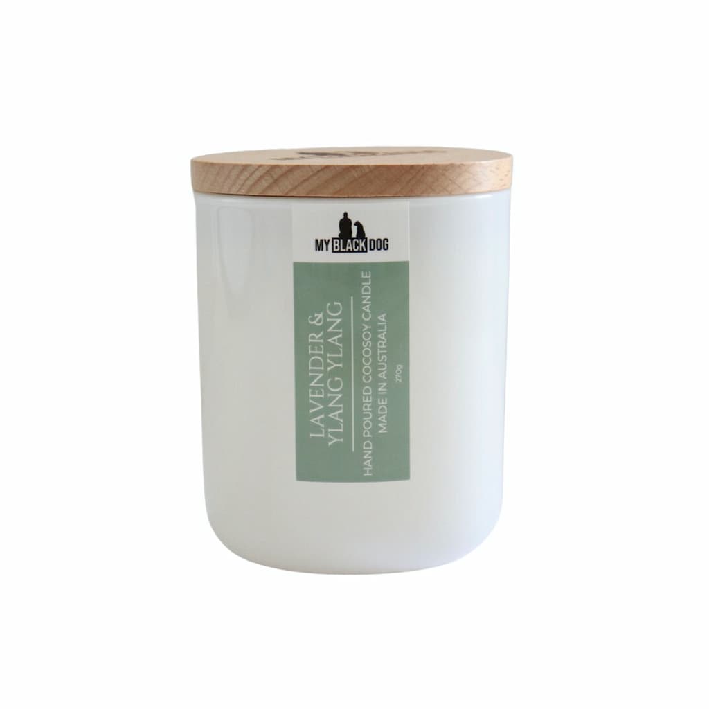 My Black Dog Lavender & Ylang Ylang CocoSoy Candle in a white jar with timber lid