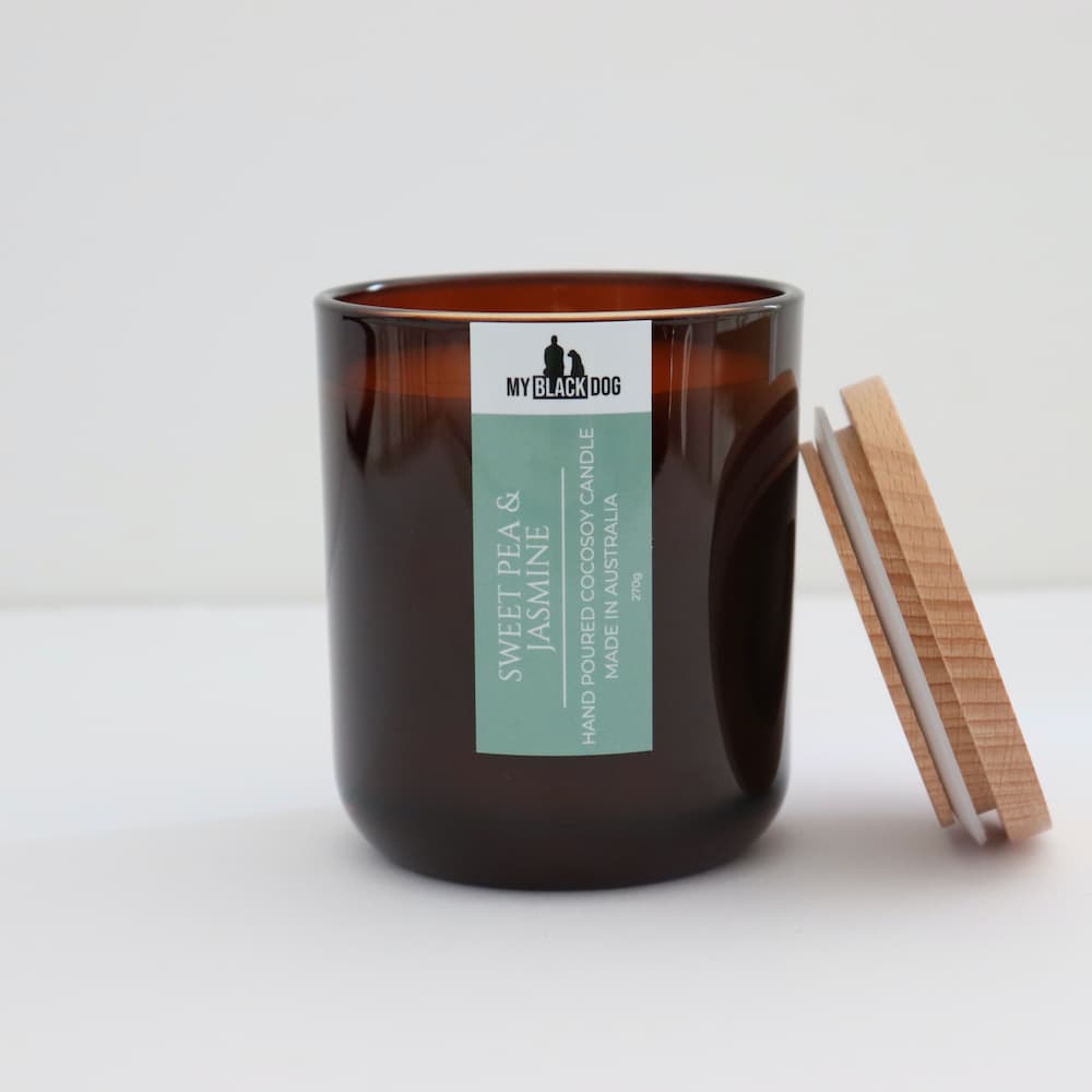 My Black Dog Sweet Pea & Jasmine CocoSoy Candle in amber jar with timber lid