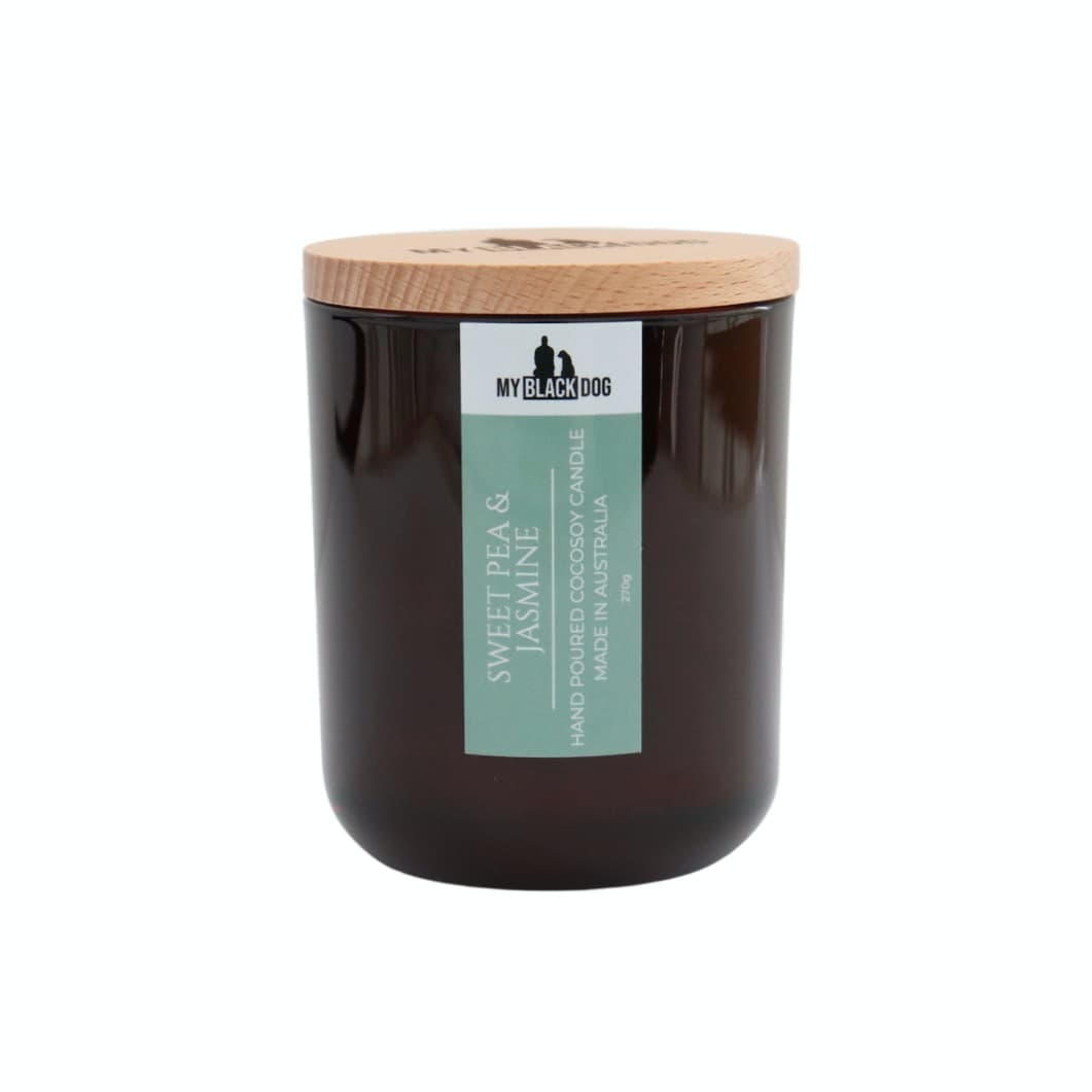 My Black Dog Sweet Pea & Jasmine CocoSoy Candle in amber jar with timber lid