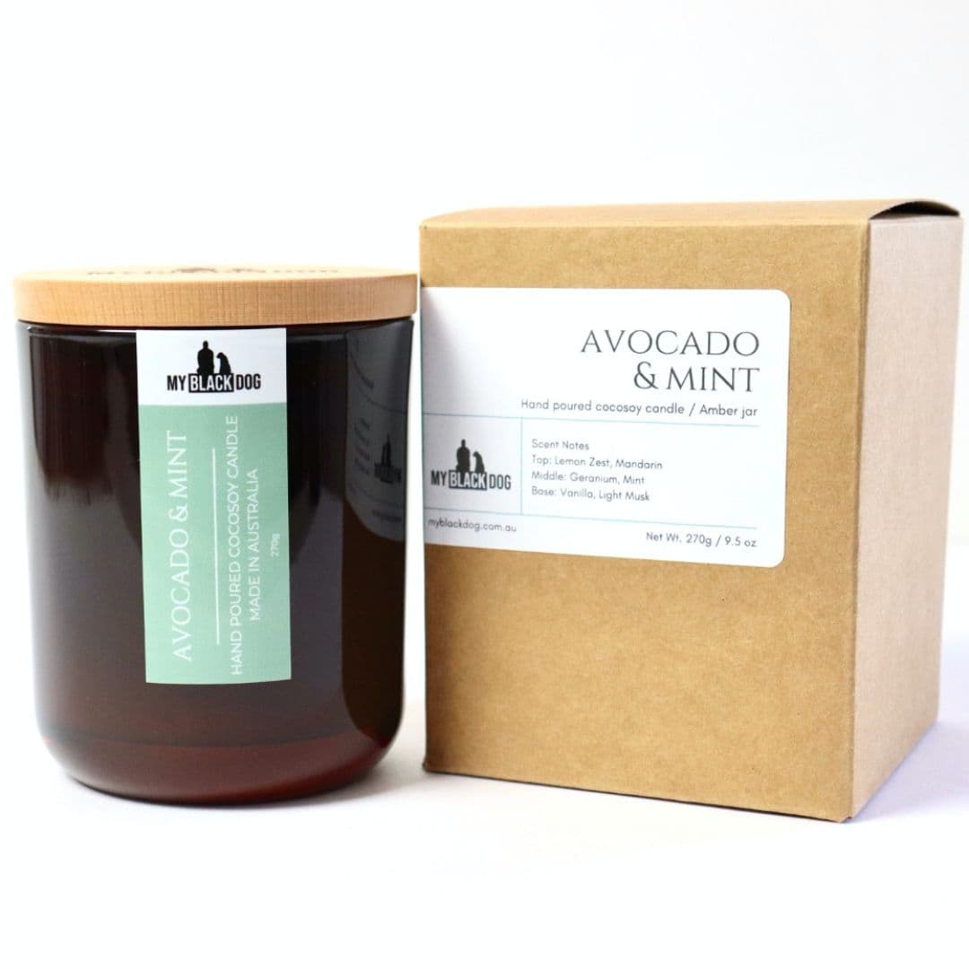 My Black Dog Avocado & Mint CocoSoy Candle in an amber jar with a box