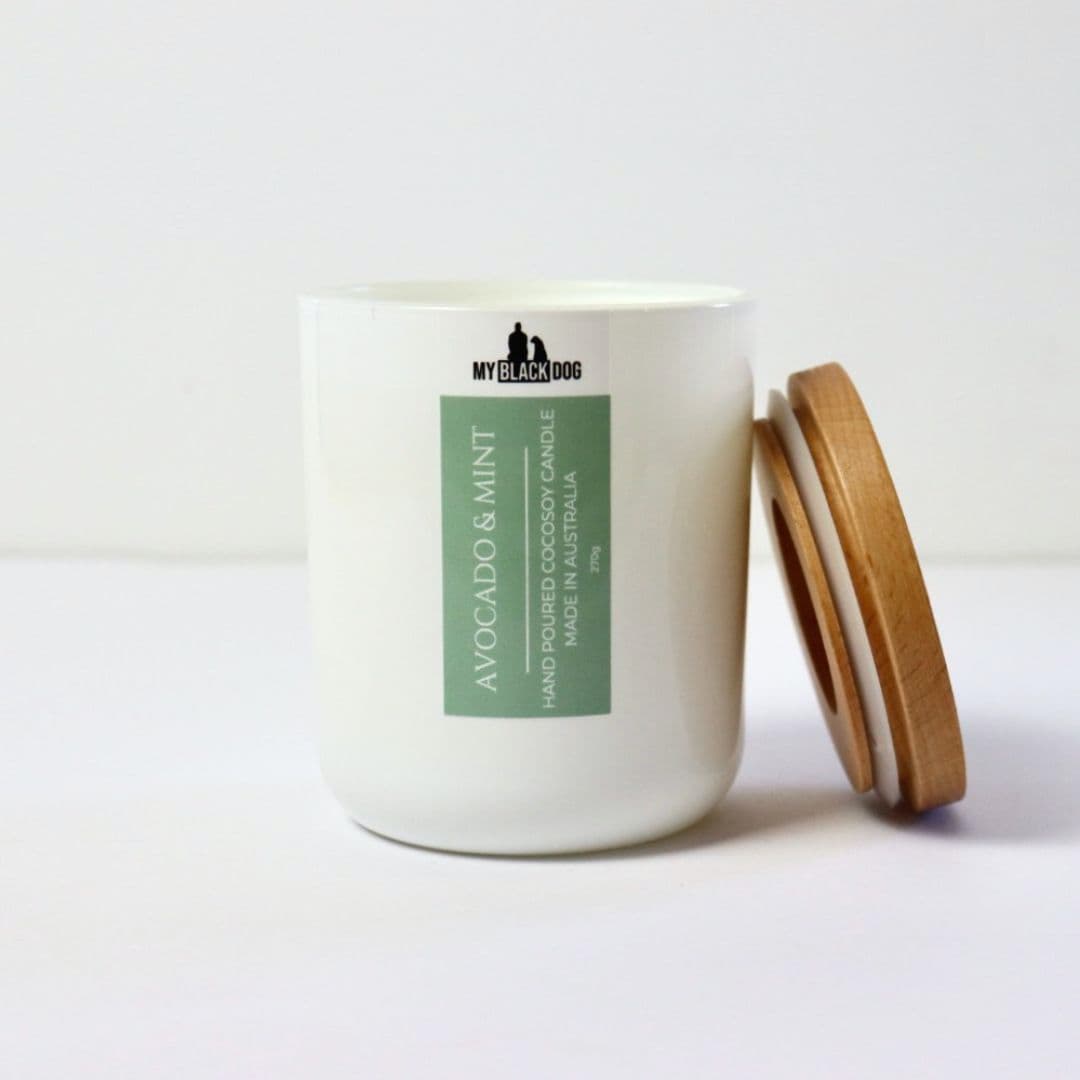 My Black Dog Avocado & Mint CocoSoy Candle in a white jar with timber lid