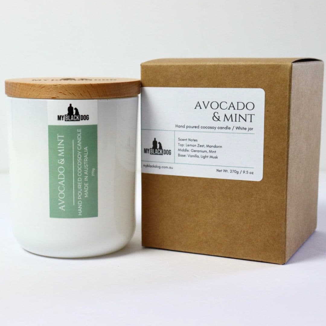 My Black Dog Avocado & Mint CocoSoy Candle in a white jar with box