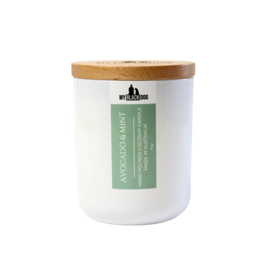 My Black Dog Avocado & Mint CocoSoy Candle in a white jar with a timber lid