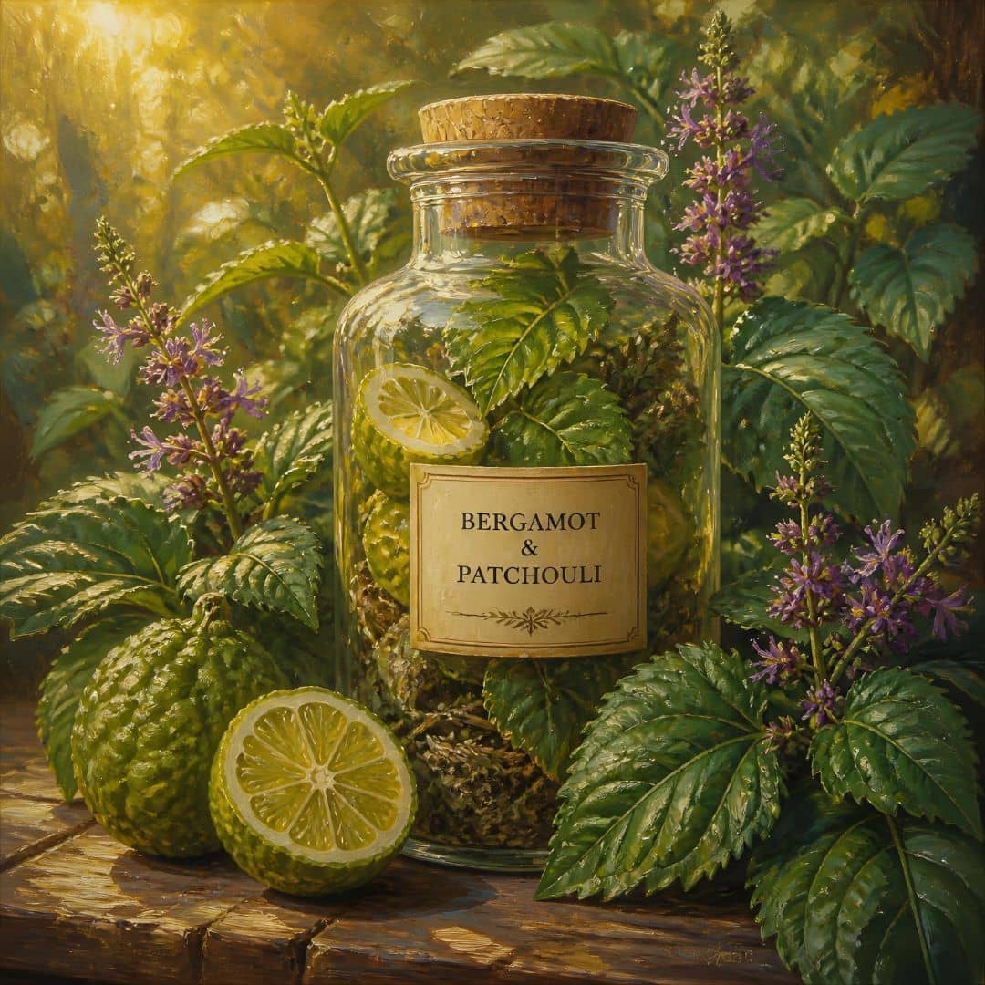 Glass jar labeled 'Bergamot & Patchouli' with lemons and herbs on a wooden surface with greenery.