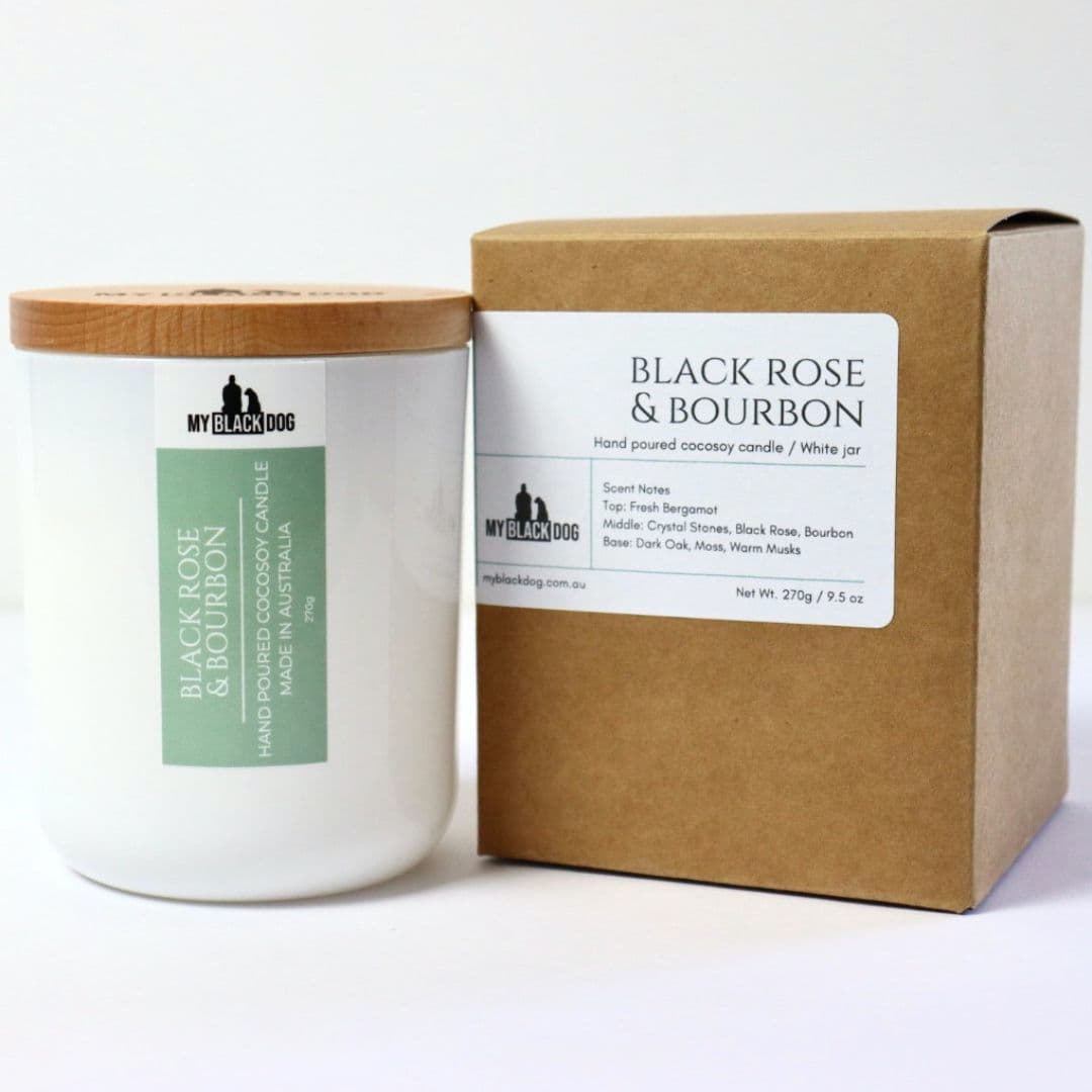 My Black Dog Black Rose & Bourbon CocoSoy Candle in a white jar with a box