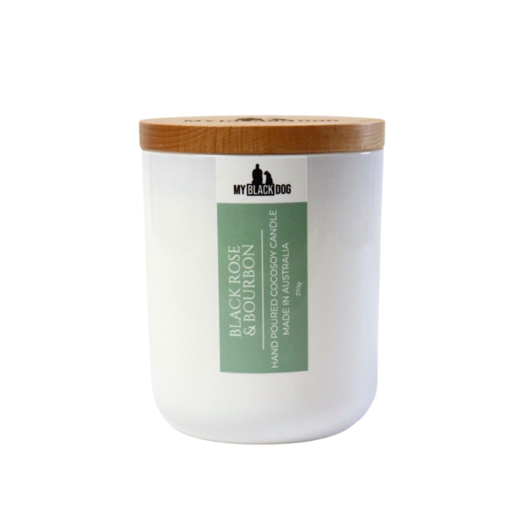 My Black Dog Black Rose & Bourbon CocoSoy Candle in a white jar with timber lid