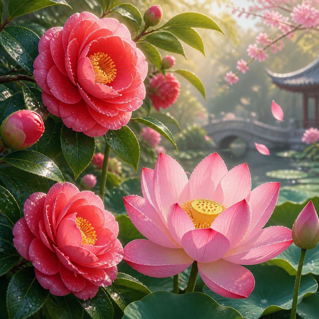 Pink Camellia and Lotus flowers with a blurred background of a garden scene