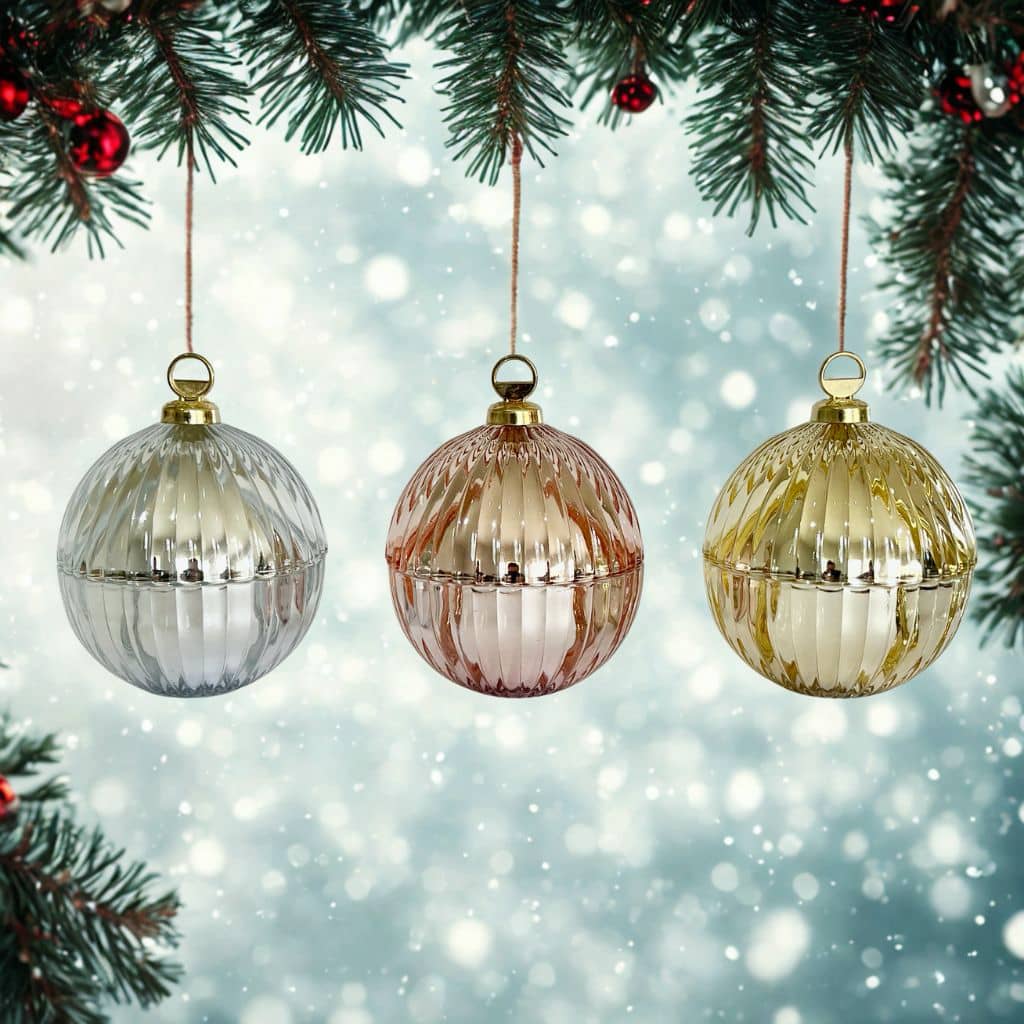 Three ribbed glass ornaments hanging from a Christmas tree with a snowy background.