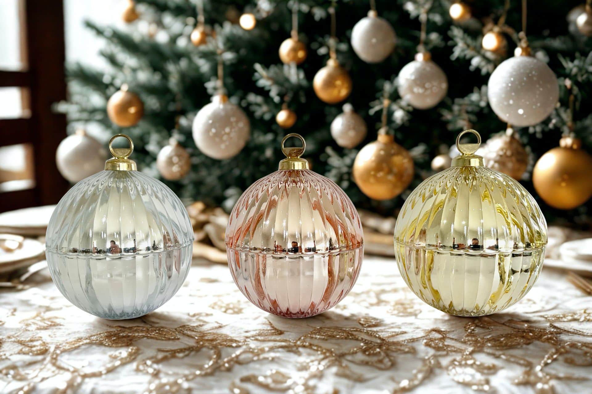Christmas Bauble Candles sitting on table with Christmas tree in background