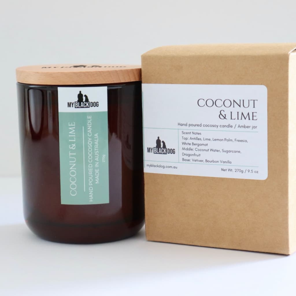 My Black Dog Coconut & Lime CocoSoy Candle in an amber jar with a natural lid with box