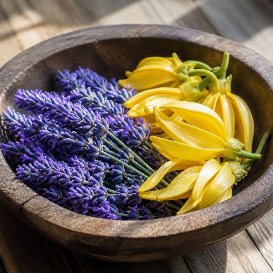 Wooden bowl with lavender and ylang ylang flowers on a wooden surface