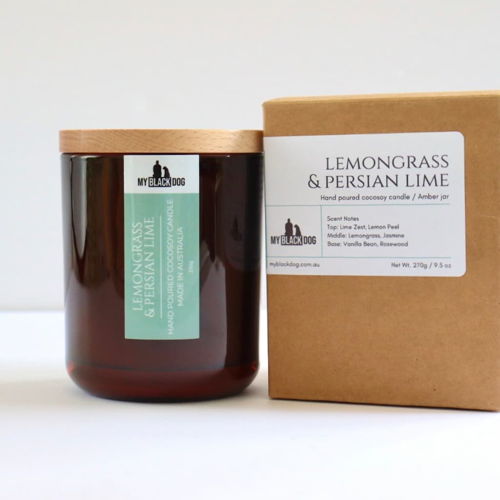 My Black Dog Lemongrass & Persian Lime CocoSoy Candle in an amber jar with wooden lid and box