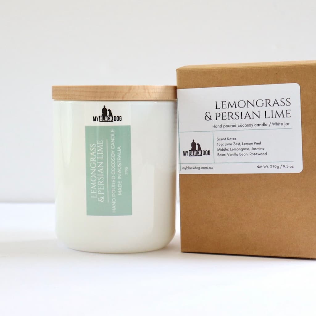 My Black Dog Lemongrass & Persian Lime CocoSoy Candle in a white jar with wooden lid and a box