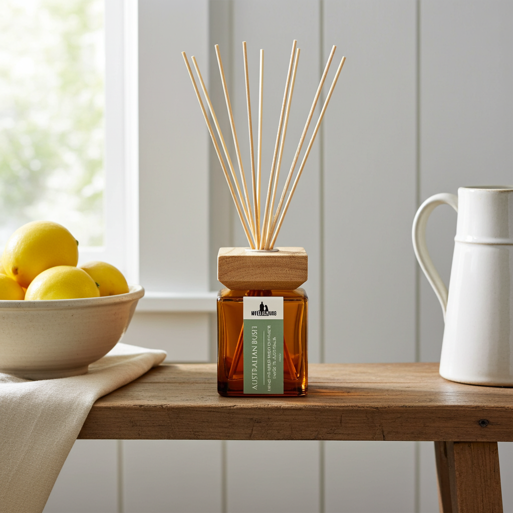A reed diffuser bottle with amber liquid and natural wood reeds sits on a wooden table in a bright kitchen setting, with a bowl of lemons and a white pitcher nearby.