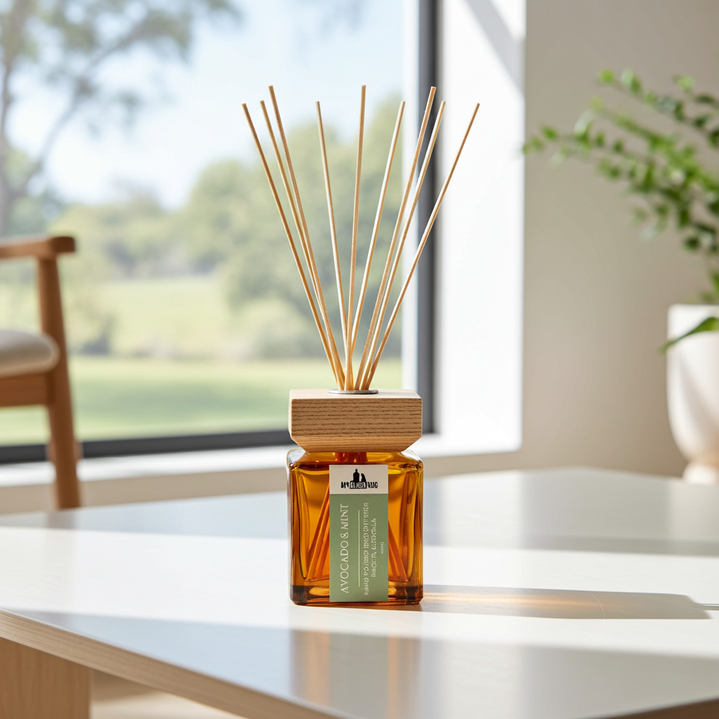 Reed diffuser sitting on a coffee table with a window in the background
