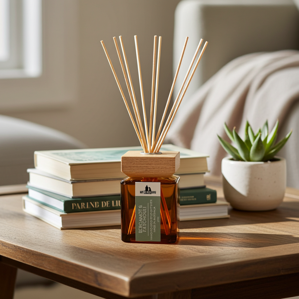 My Black Dog bergamot and patchouli scented reed diffuser sitting on a coffee table with books and a pot plant