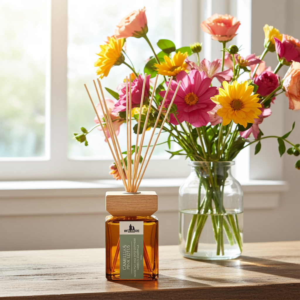 A reed diffuser sitting on a table with flowers in a clear vase in front of a window