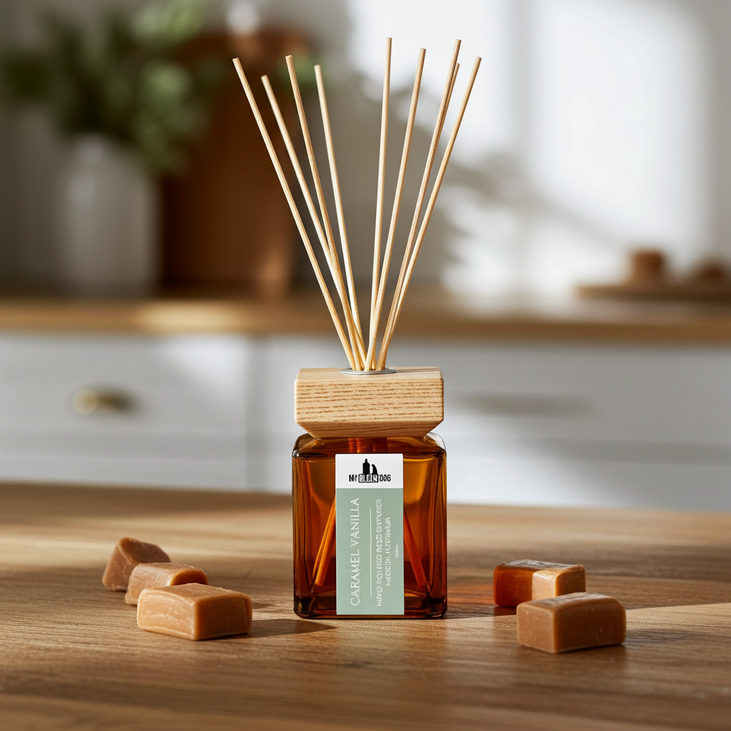 Caramel Vanilla scented reed diffuser sitting on kitchen table with caramel pieces 