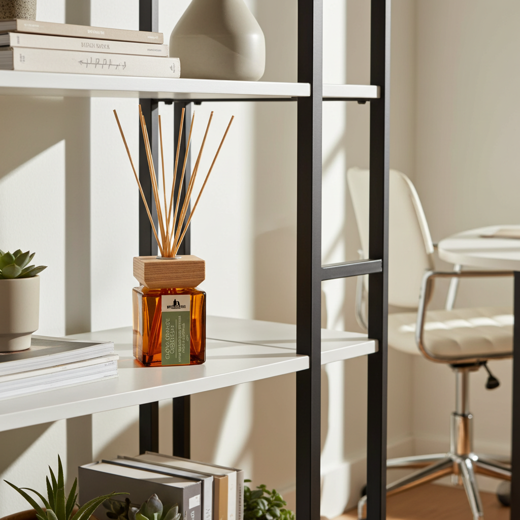 An amber glass reed diffuser with a light wood cap and natural reeds, styled on a white shelf of a black metal shelving unit in a bright, modern home office.