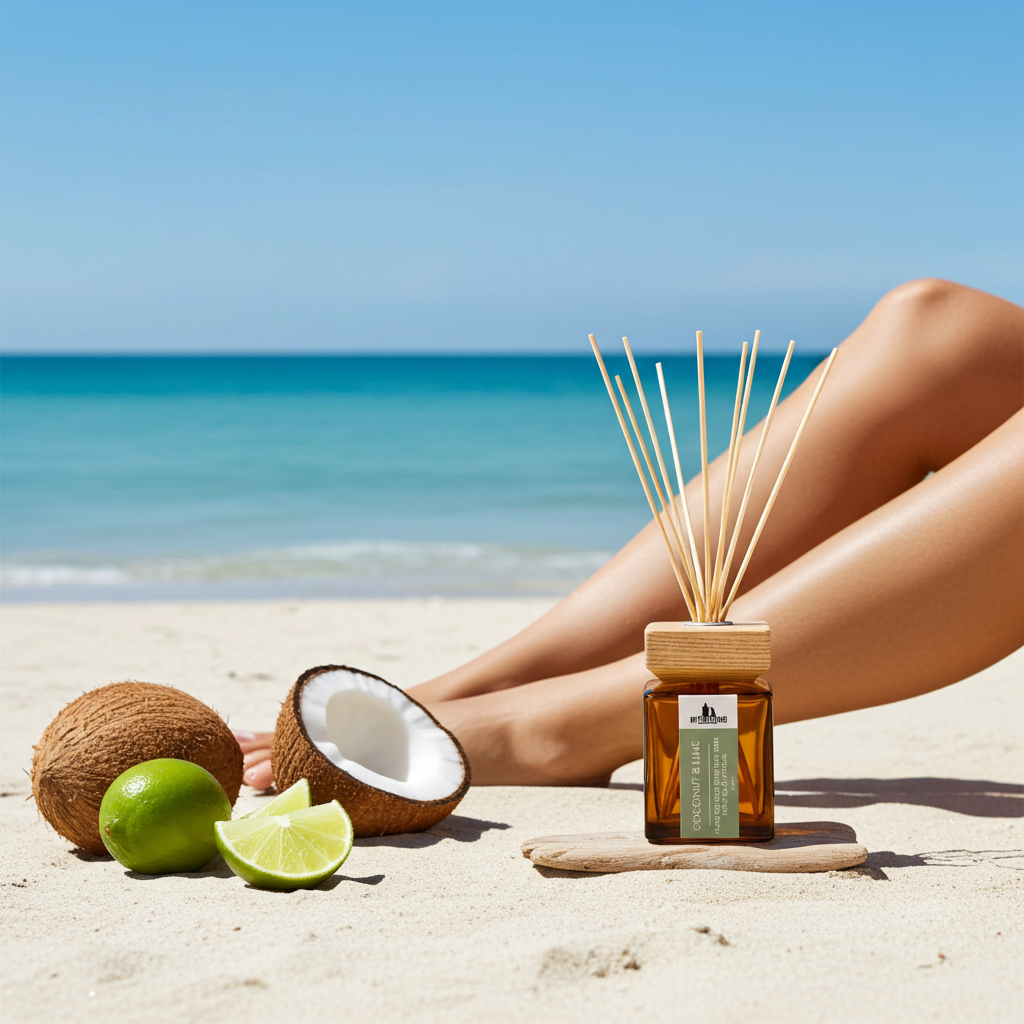 A reed diffuser bottle with wooden reeds stands on a sandy beach next to a person's legs, with coconuts and lime slices in the foreground and the ocean and blue sky behind.