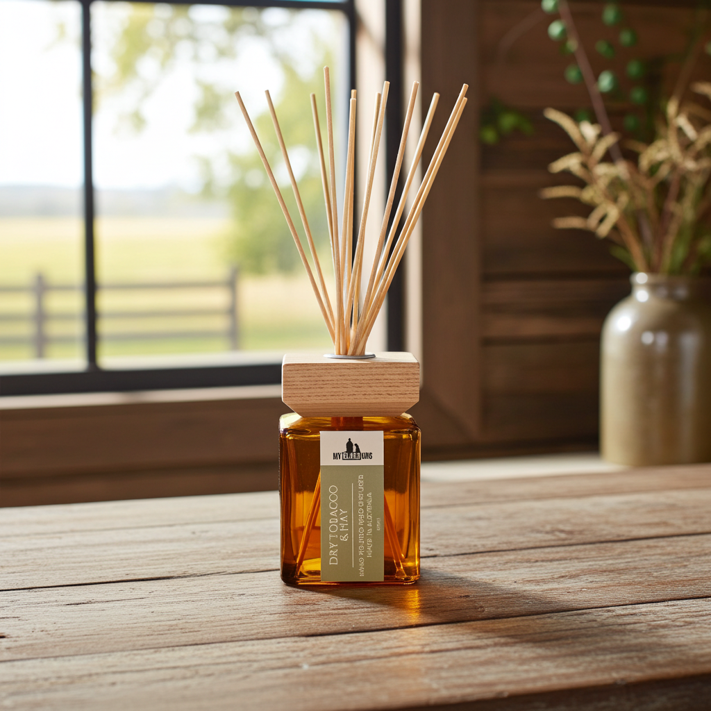 A reed diffuser bottle and natural wood reeds sits on a rustic wooden table in front of a window with a blurred outdoor view. 