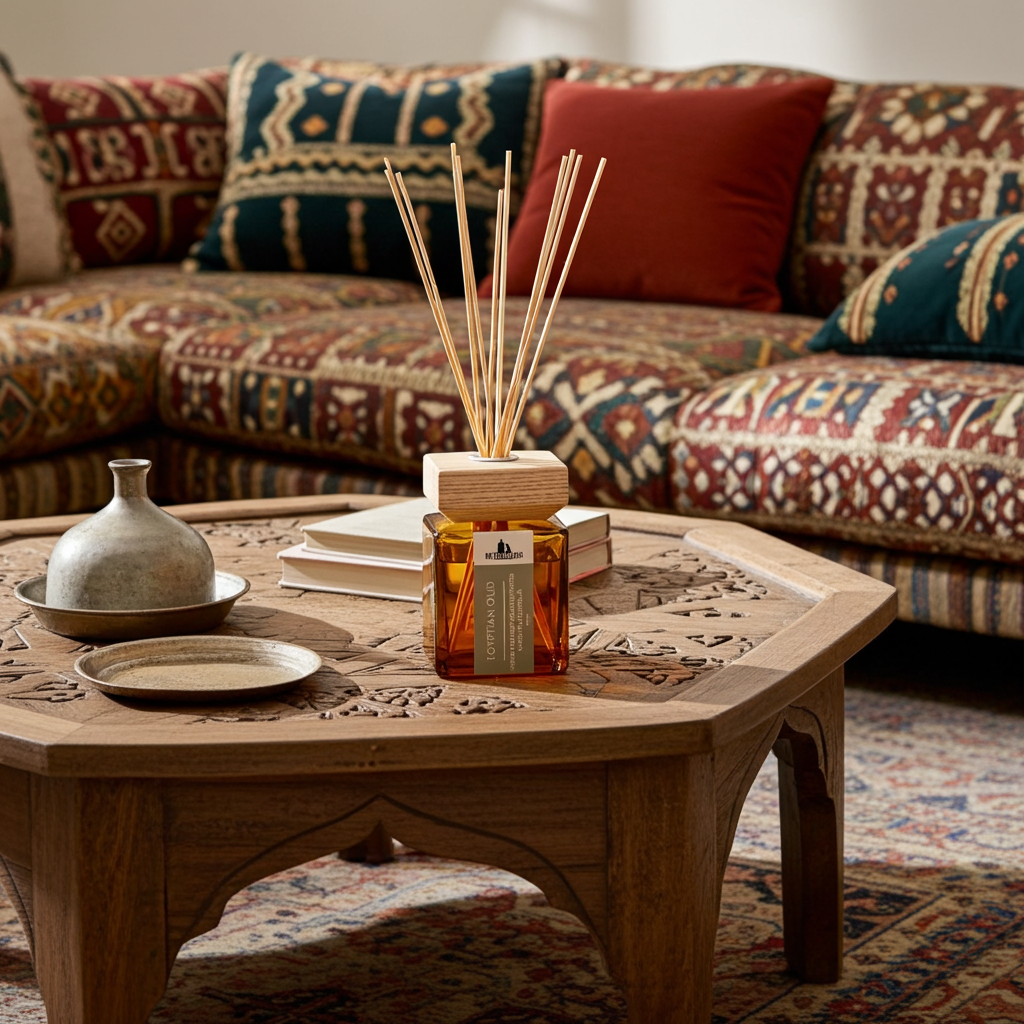 A reed diffuser and wooden reeds sits on a carved wooden coffee table in a cozy living room setting with patterned sofas and cushions.