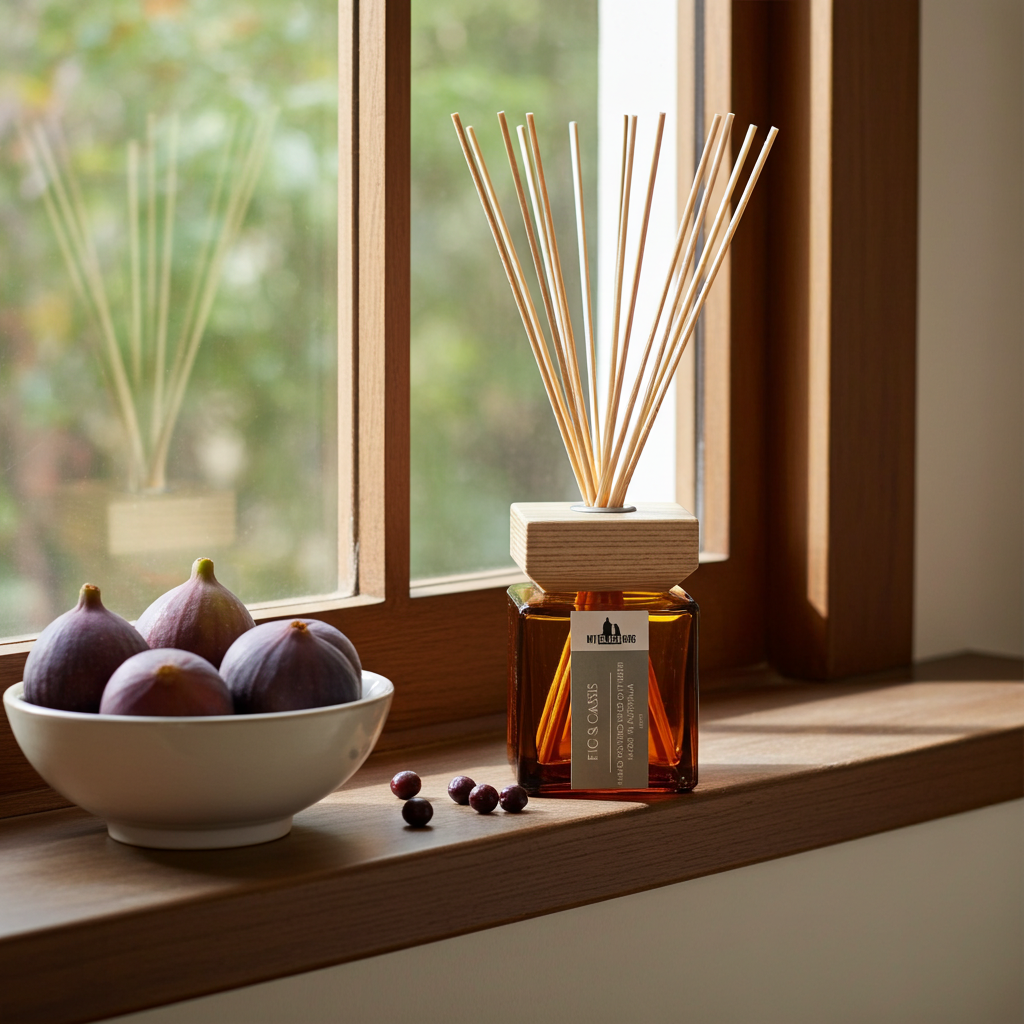 A reed diffuser bottle with natural wood reeds stands on a wooden windowsill next to a white bowl of figs. The diffuser has an amber glass bottle with a light wood cap and a small label.