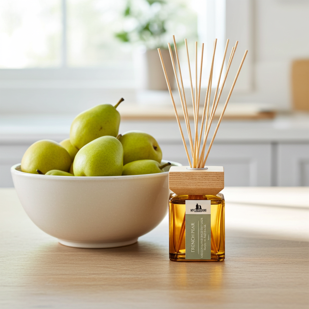 A reed diffuser bottle with natural wood reeds sits on a light wood table beside a white bowl filled with green pears in a softly blurred kitchen setting.