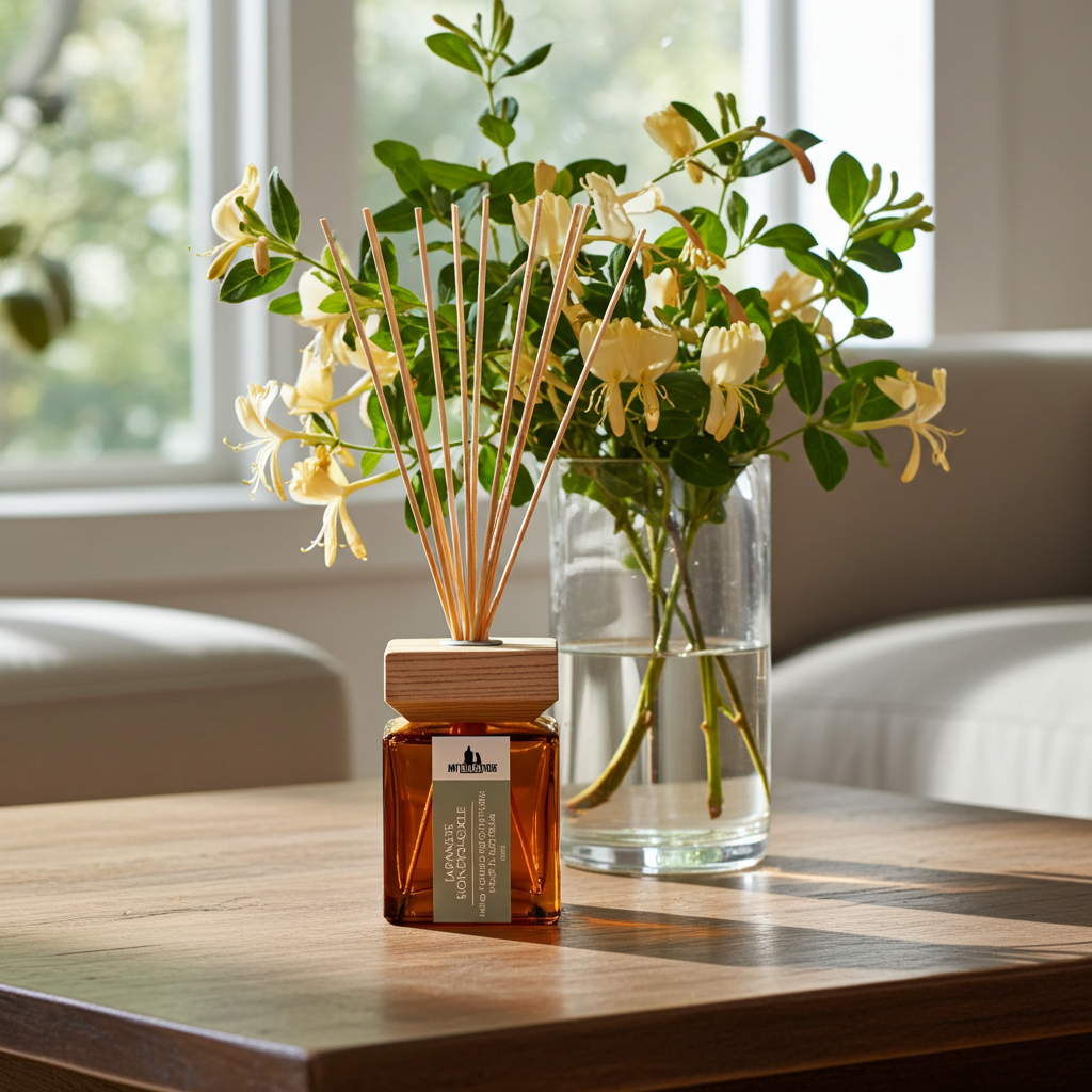 A reed diffuser bottle with amber liquid and wooden reeds sits on a wooden table beside a glass vase filled with water and Japanese honeysuckle flowers. The scene is set in a bright living room with a window and sofa in the background.